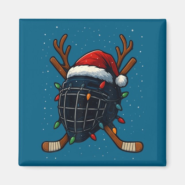Santa Hat Christmas Ice Hockey Helmet Player Reind Magnet (Front)