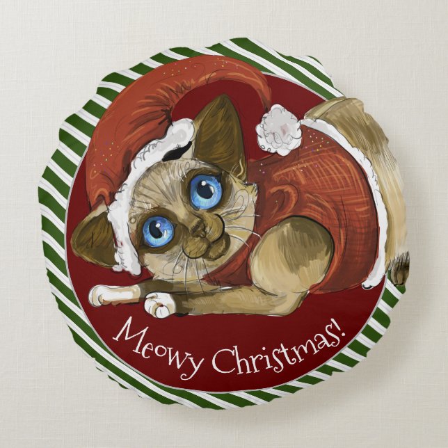 Santa Hat&Coat Christmas Kitty  Round Pillow (Back)