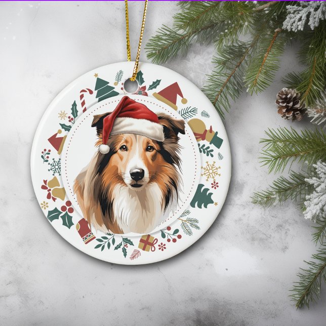 Santa Hat Collie Dog Holiday Images Wreath Ceramic Ornament (Creator Uploaded)