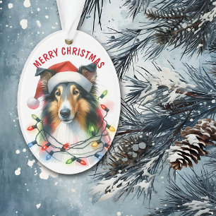 Santa Hat Collie Dog in Holiday Light String Ornament