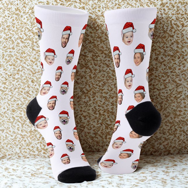 Santa Hat Custom Family Face 4 Photos Christmas Socks (Creator Uploaded)