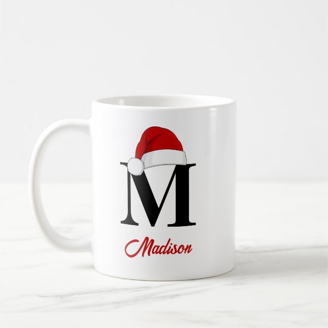 Santa Hat Custom Monogram Red Script Christmas Coffee Mug (Left)