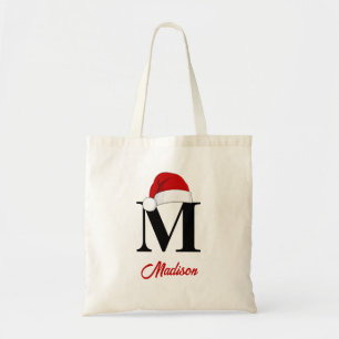 Santa Hat Custom Monogram Red Script Christmas Tote Bag