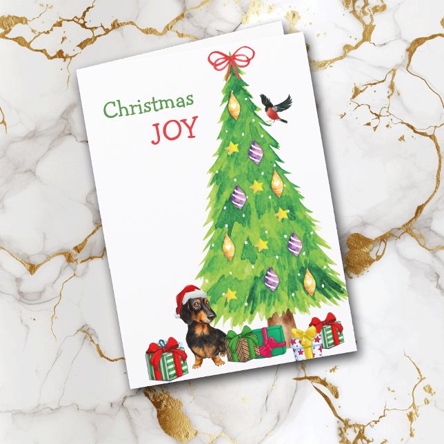 Santa Hat Dachshund Dog and Christmas Tree Holiday Card (Creator Uploaded)