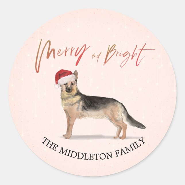 Santa Hat Dog German Shepherd Merry Christmas Classic Round Sticker (Front)