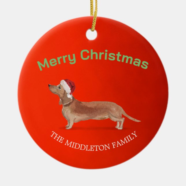 Santa Hat Dog Tan Dachshund Red Merry Christmas Ceramic Ornament (Front)