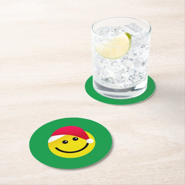 Santa Hat Emoji Round Paper Coaster (Insitu)
