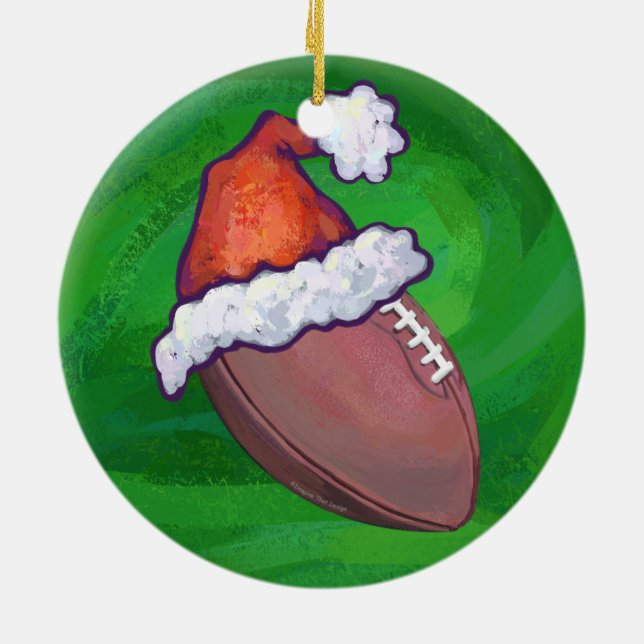 Santa Hat Football on Green Ceramic Ornament (Back)
