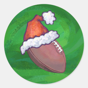 Santa Hat Football on Green Classic Round Sticker