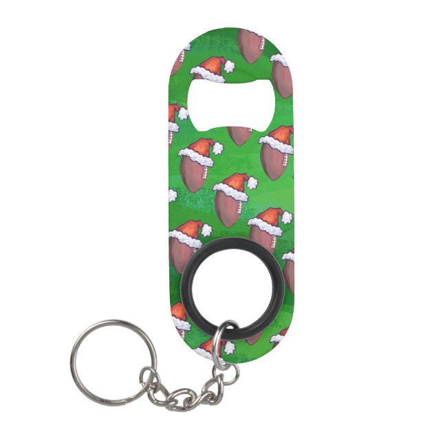 Santa Hat Football on Green Keychain Bottle Opener (Front)