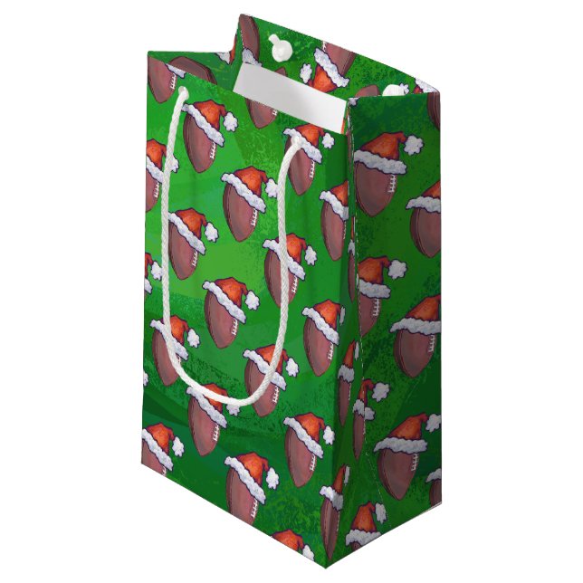 Santa Hat Football on Green Small Gift Bag (Front Angled)