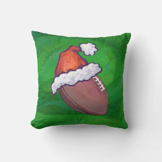 Santa Hat Football on Green Throw Pillow (Front)