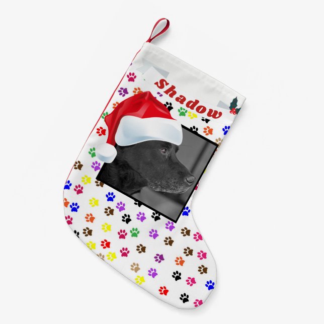 Santa Hat for Dog Photo Paw Print Name Small Christmas Stocking (Front (Hanging))