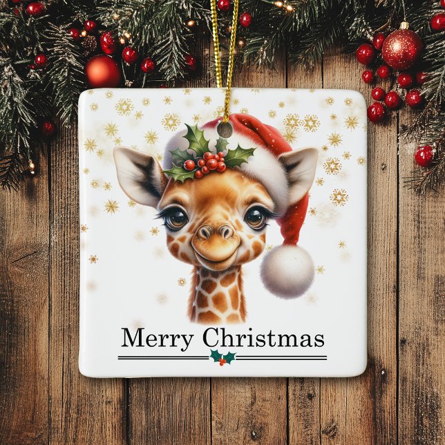 Santa Hat Funny Giraffe Merry Christmas Ceramic Ornament (Creator Uploaded)