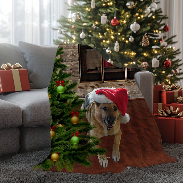 Santa Hat German Shepherd Dog by Christmas Tree Fleece Blanket (Santa Hat German Shepherd Dog by Christmas Tree Fleece Blanket)