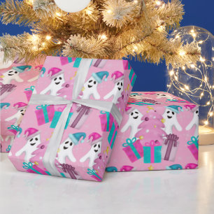 Santa Hat Ghosts with Christmas Tree & Presents Wrapping Paper