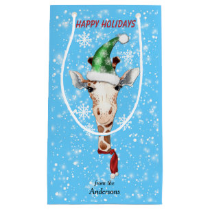 Santa Hat Giraffe Snowflake Blue Small Gift Bag