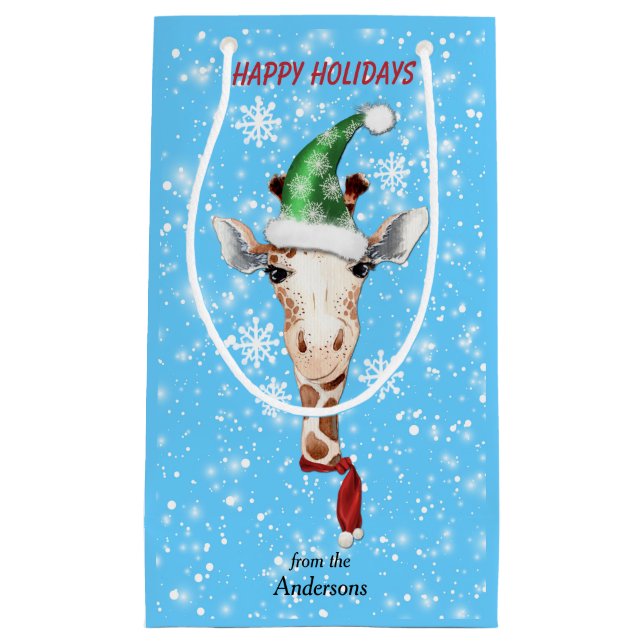 Santa Hat Giraffe Snowflake Blue Small Gift Bag (Front)
