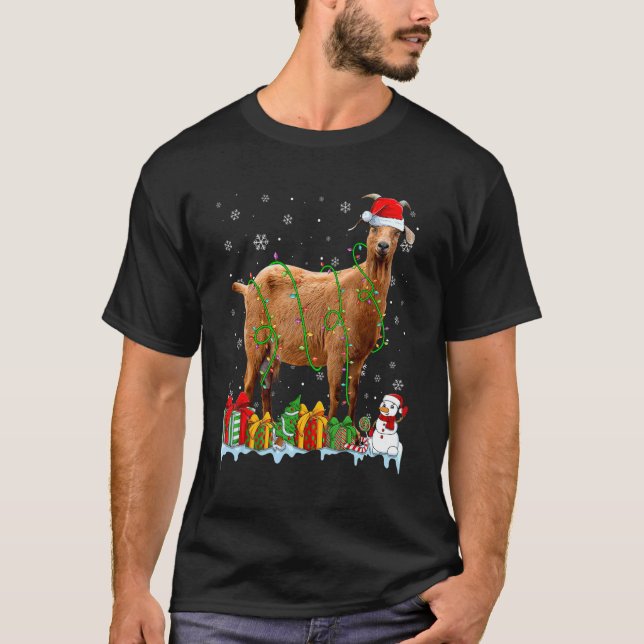 Santa Hat Goat Christmas Lights Animals T-Shirt (Front)