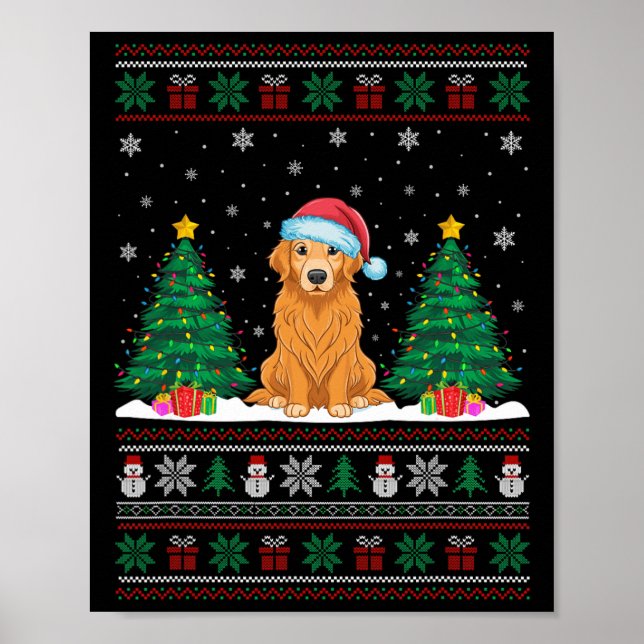 Santa Hat Golden Retriever Dog Xmas Tree Lights Ug Poster (Front)