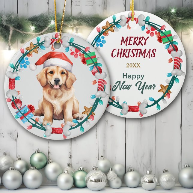 Santa Hat Golden Retriever Puppy Bone Wreath Ceramic Ornament (Creator Uploaded)