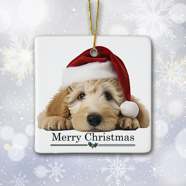 Santa Hat Goldendoodle Dog Merry Christmas Ceramic Ornament (Creator Uploaded)