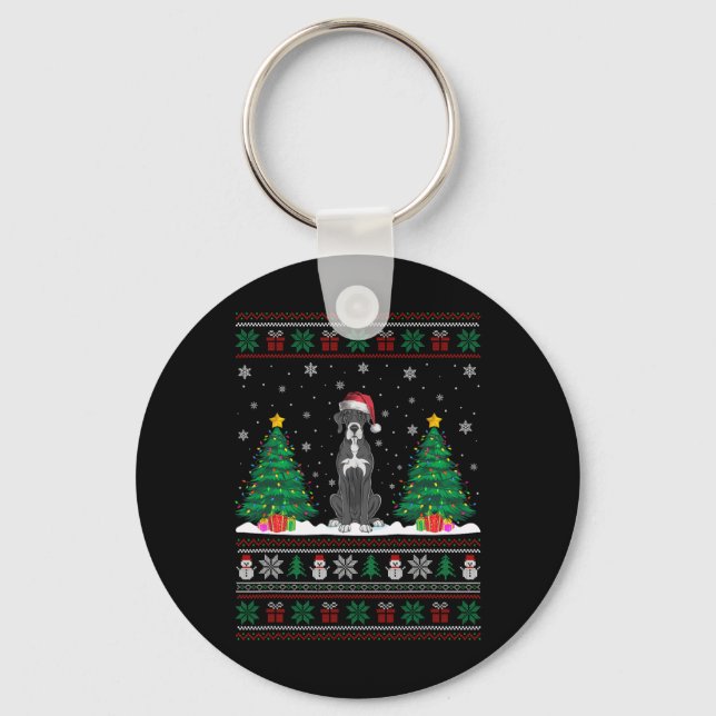 Santa Hat Great Dane Dog Christmas Tree Lights Ugl Keychain (Front)