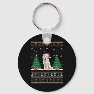 Santa Hat Great Pyrenees Dog Xmas Tree Lights Ugly Keychain
