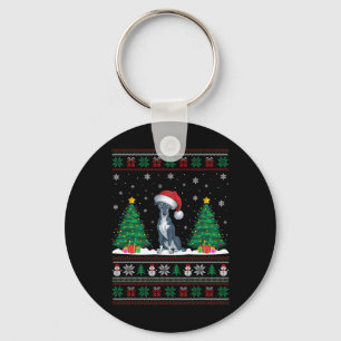 Santa Hat Greyhound Dog Christmas Tree Lights Ugly Keychain