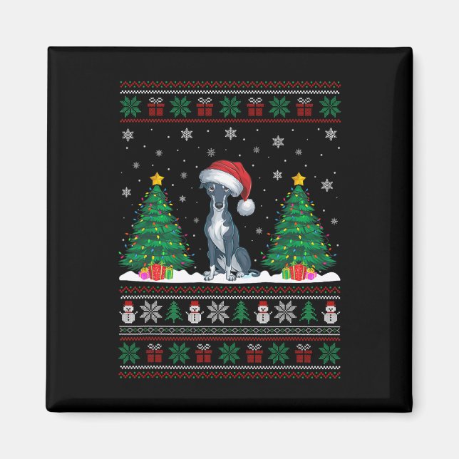 Santa Hat Greyhound Dog Christmas Tree Lights Ugly Magnet (Front)