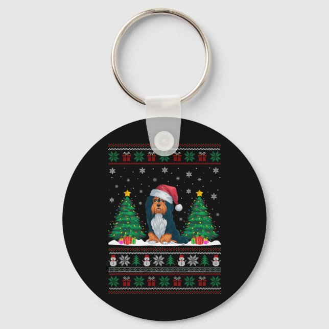 Santa Hat Havanese Dog Christmas Tree Lights Ugly  Keychain (Front)