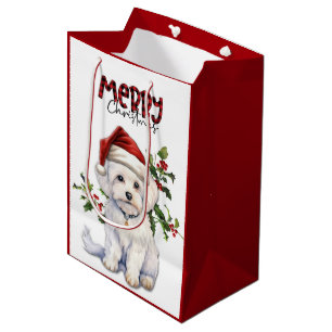 Santa Hat Holly Maltese Dog Christmas Medium Gift Bag