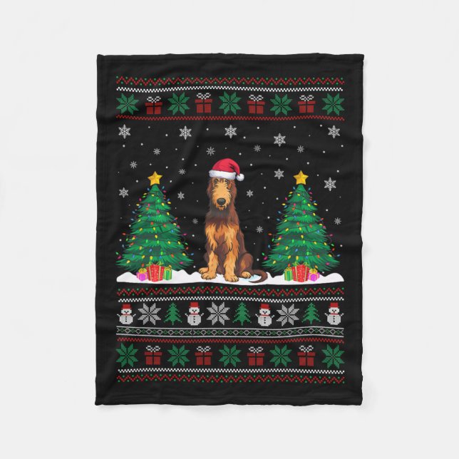 Santa Hat Irish Wolfhound Dog Xmas Tree Lights Ugl Fleece Blanket (Front)