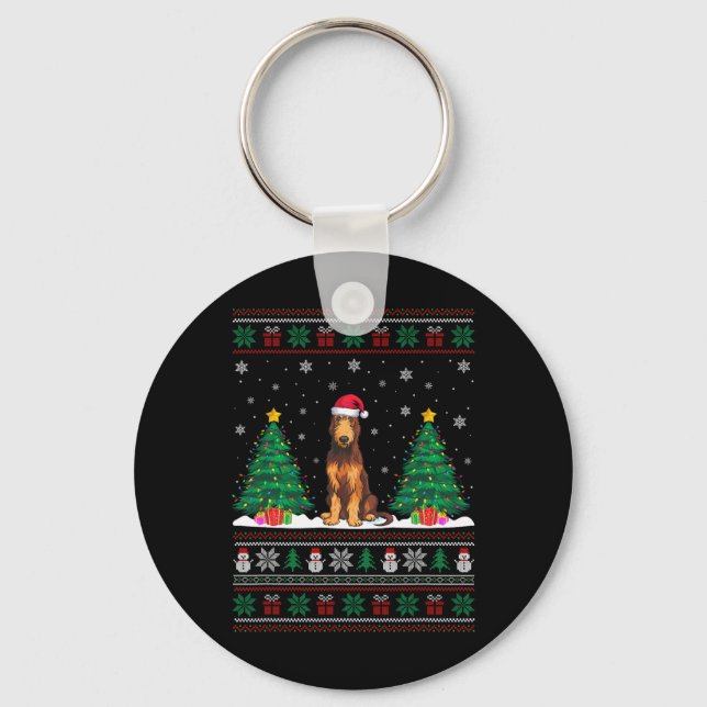 Santa Hat Irish Wolfhound Dog Xmas Tree Lights Ugl Keychain (Front)