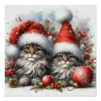 Santa Hat Kittens Christmas Poster