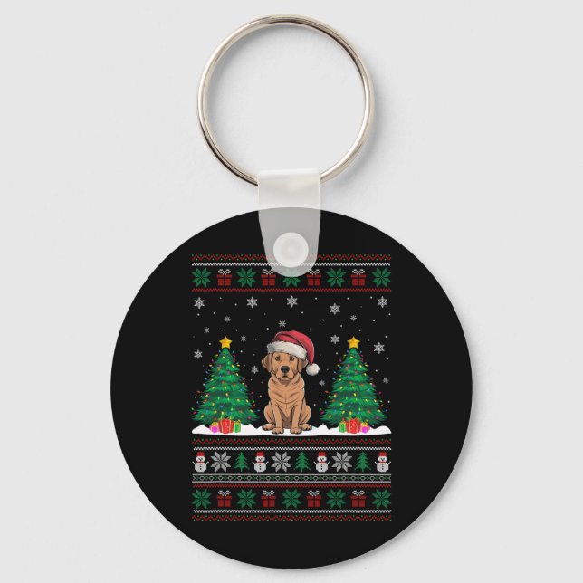 Santa Hat Labrador Dog Christmas Tree Lights Ugly  Keychain (Front)