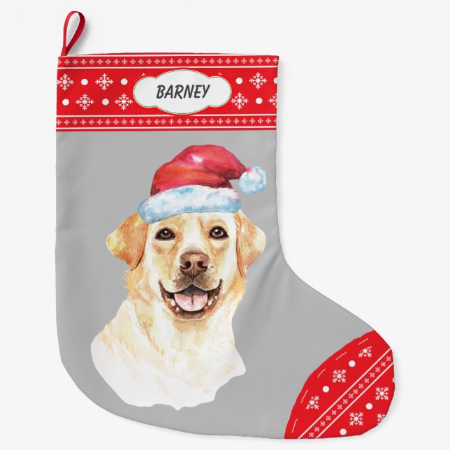 Santa Hat Labrador Retriever Snowflake Border Large Christmas Stocking (Front)