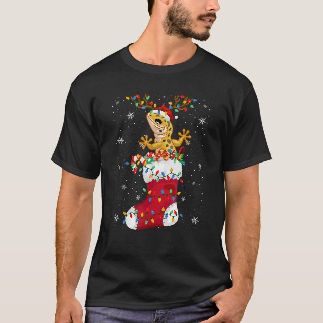 Santa Hat Leopard Gecko Animal In Socks Xmas Tree  T-Shirt (Front)