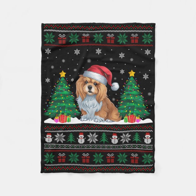 Santa Hat Lhasa Apso Dog Christmas Tree Lights Ugl Fleece Blanket (Front)