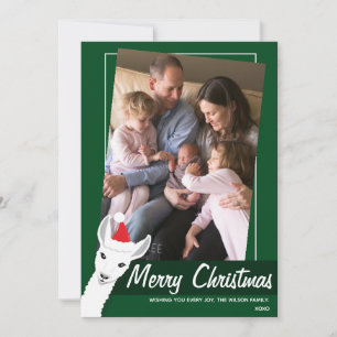 Santa Hat Llama Green White Tilted Photo Holiday Card