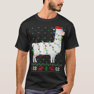 Santa Hat Llama Xmas Lights Ugly Llama Christmas T-Shirt