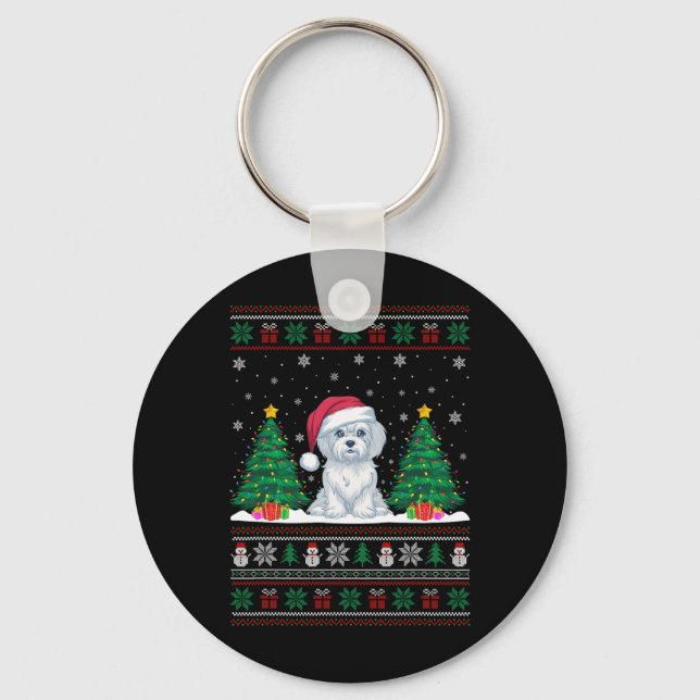 Santa Hat Maltese Dog Christmas Tree Lights Ugly S Keychain (Front)