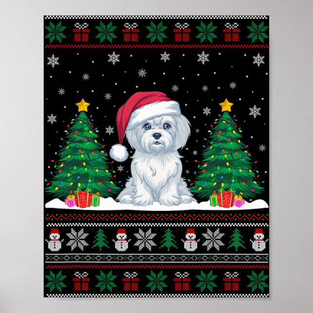 Santa Hat Maltese Dog Christmas Tree Lights Ugly S Poster (Front)