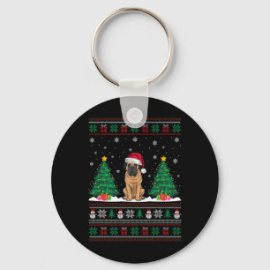 Santa Hat Mastiff Dog Christmas Tree Lights Ugly S Keychain