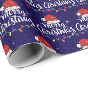 Santa Hat Merry Christmas Lights Xmas Family Blue Wrapping Paper