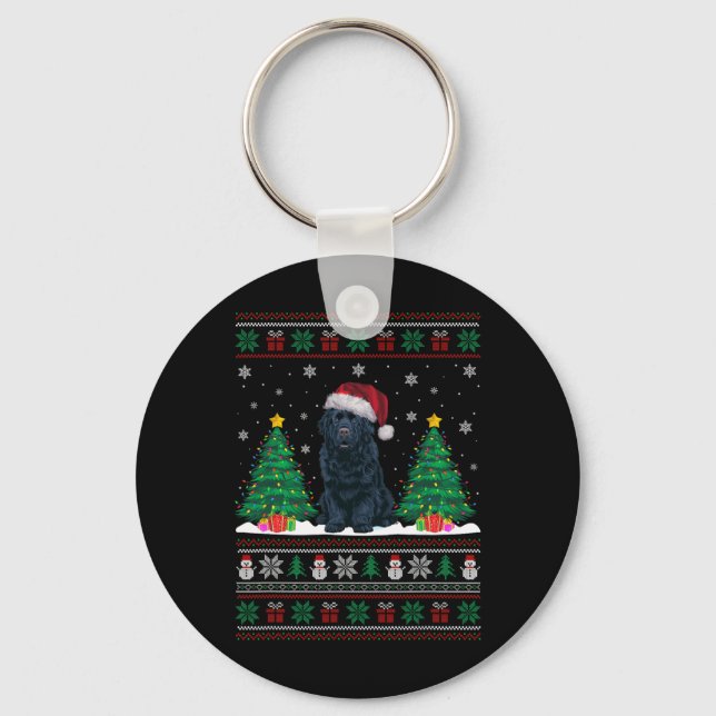 Santa Hat Newfoundland Dog Xmas Tree Lights Ugly S Keychain (Front)