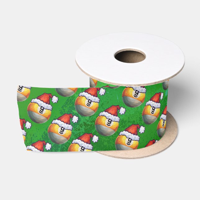 Santa Hat Nine Ball Pattern on Green Satin Ribbon (Spool)