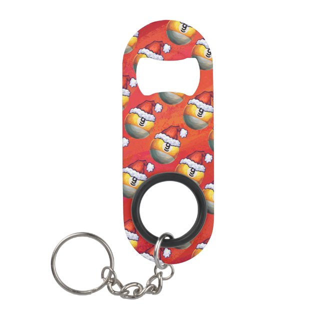 Santa Hat Nine Ball Pattern on Red Mini Bottle Opener (Front)
