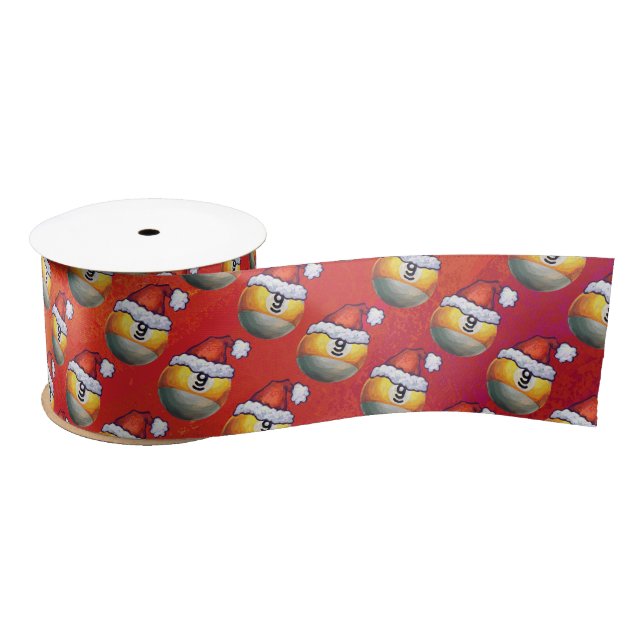 Santa Hat Nine Ball Pattern on Red Satin Ribbon (Spool)