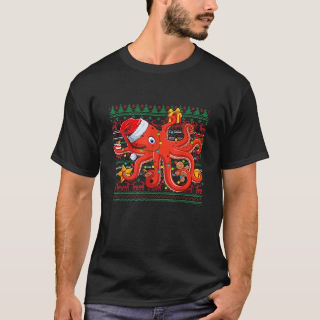 Santa Hat Octopus Xmas Lighting Ugly Octopuses Chr T-Shirt (Front)